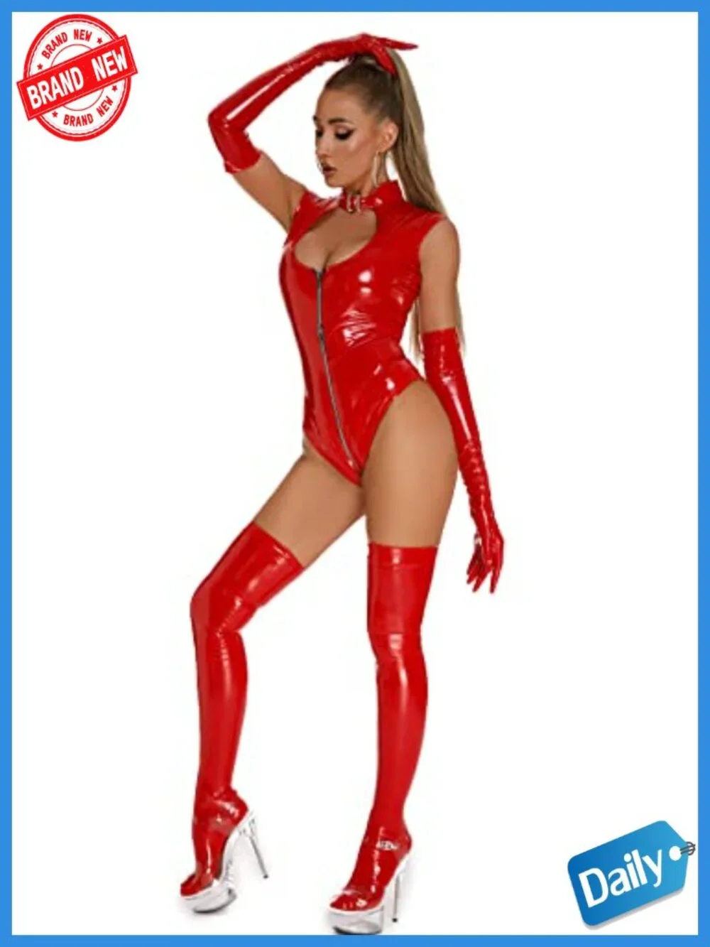 Shiny Metallic Bodysuit Jumpsuit - High Neck Keyhole Back Clubwear